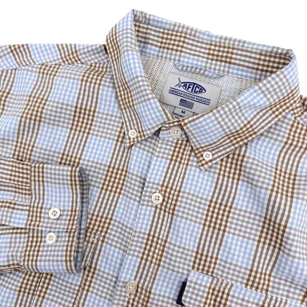 AFTCO Shirt Mens M Blue Plaid Vented Performance Long Sleeve Fishing Utility
